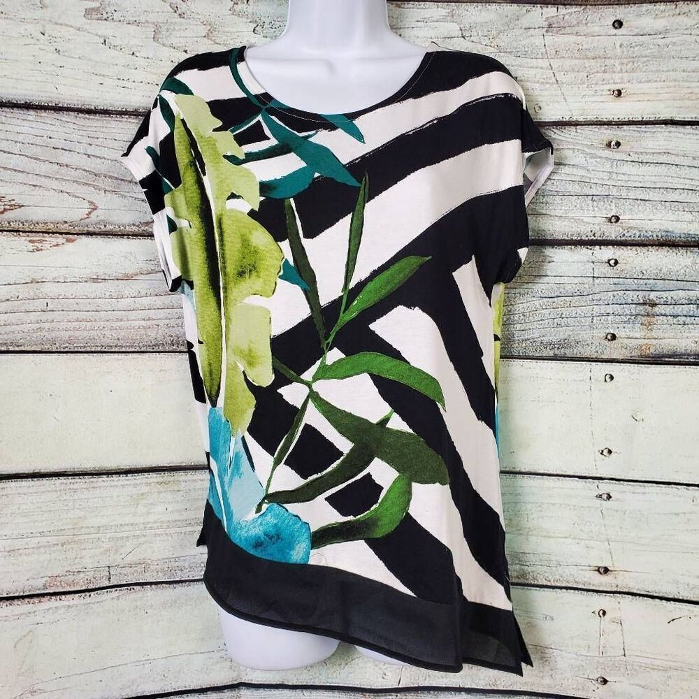 Christopher & Banks Small Botanical Print Top Black White Green Blue Short Sleev